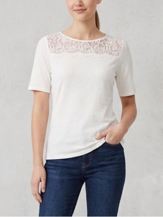 Ann Taylor Tops - Ann Taylor Lace Yoke Short Sleeve Top Cotton Blend Knit Blouse Large